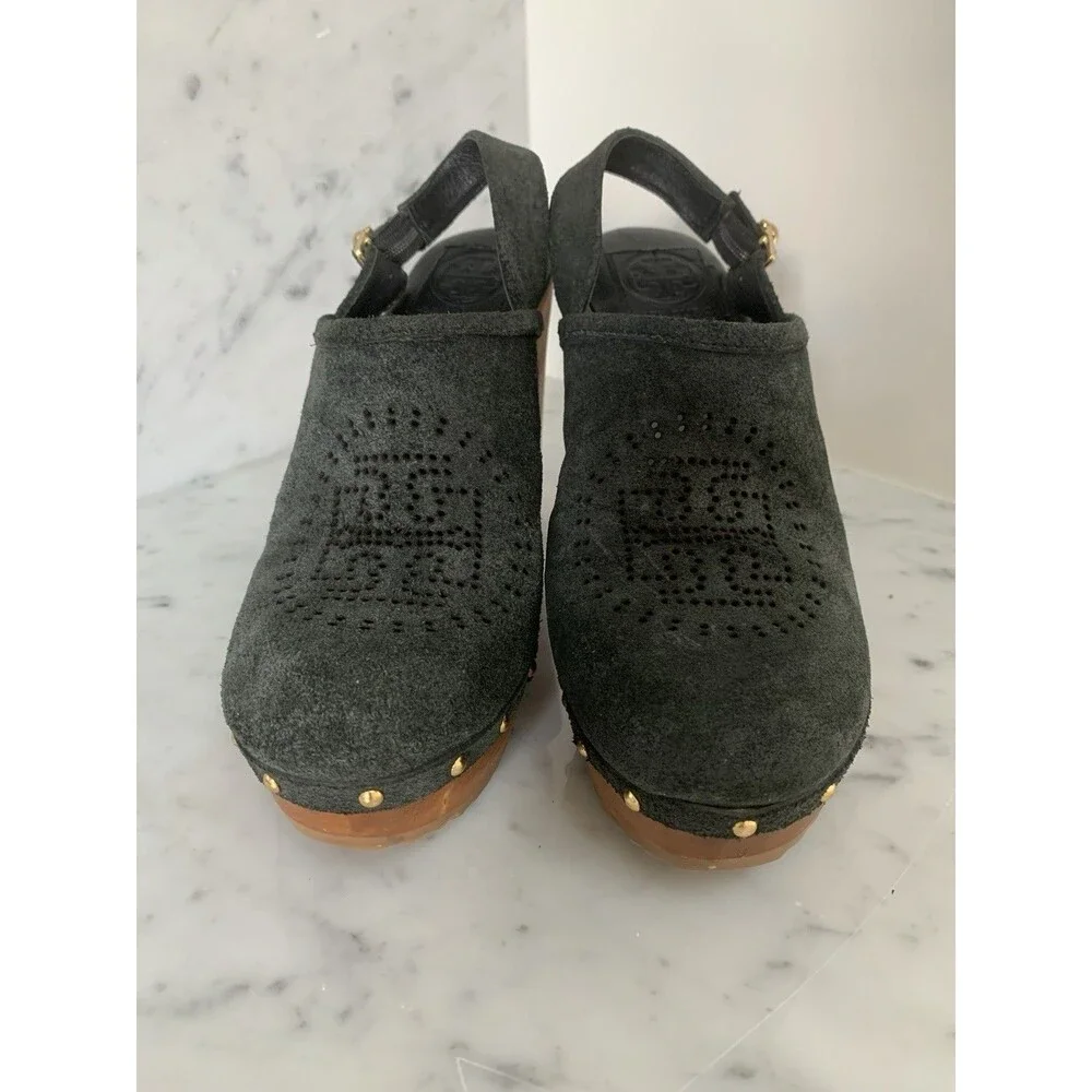 Tory Burch Blue Suede Sz 8 Logo Studded Slingback Wooden Heels Clogs - Picture 5 of 8